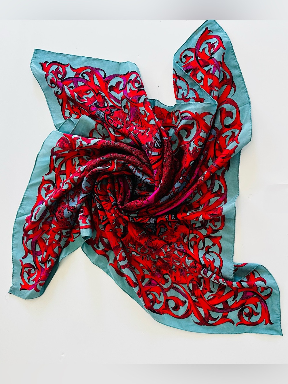 BLOOMSBURY Silk Red Pink Teal Floral Foulard Scarf Handroll Lightweight Sheer